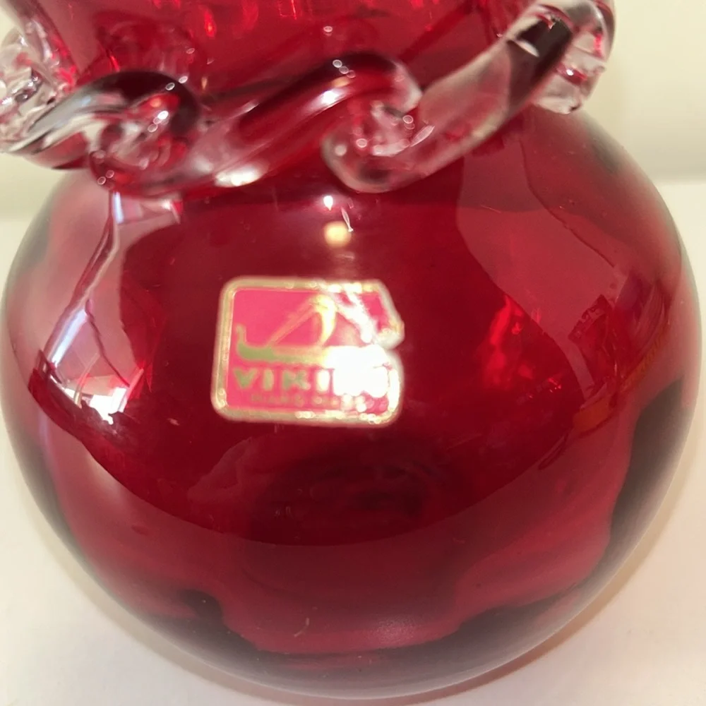 Viking Glass Ruby Red and Clear Ruffle Top Bud Glass Vase Marked